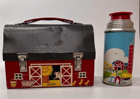 Vintage Red Barn Metal DOME Lunch Box with Thermos 